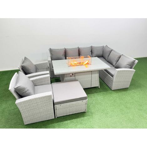 Fimous Rattan Corner Sofa Chair Set Outdoor Furniture Garden Dining Set Gas Fire Pit Table with Temper Glass Footstools Light Grey Mixed (1/4)