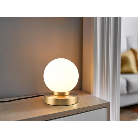 Kleine Touch Tischleuchte Messing mit Glas Kugel Weiß & E14 LED, Höhe 15cm (1/5)