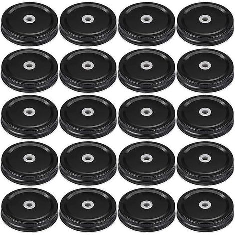 20 couvercles pour bocaux Mason à ouverture standard, en fer-blanc avec trou pour paille-7x1.5cm-Black (1/3)