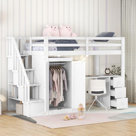 Lit mezzanine 90 x 200 cm - avec armoire, escalier, bureau, 3 tiroirs et placard, sommier à lattes, style contemporain, lit ado, lit adulte - blanc (1/5)