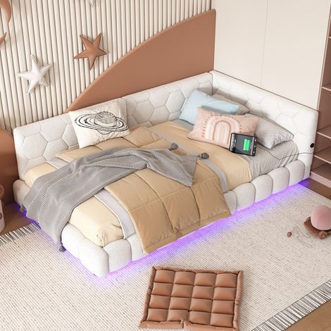 Lit 90x200 cm - Lit Simple 90x200 - Lit Banquette avec Éclairage LED 16 Couleurs et Ports USB/Type-C - Bouclette Blanc (1/5)