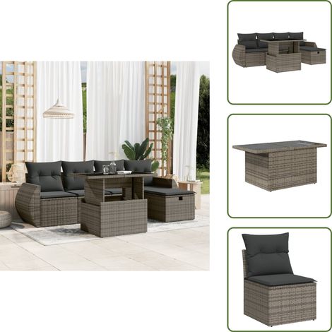 Salon de jardin 6 pcs avec coussins gris résine tressée - Ensemble Salon De Jardin - Mobilier De Jardin - Table Extensible - Chaise Lounge - Set De Jardin