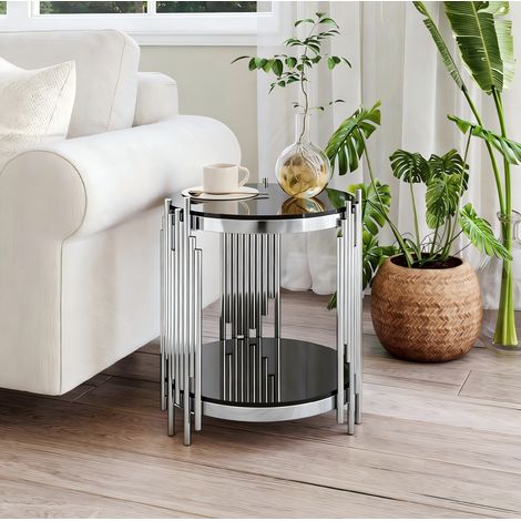 Table d’appoint ronde 45 cm noire en verre trempé et acier inoxydable argenté, double plateau, facile à monter (1/5)