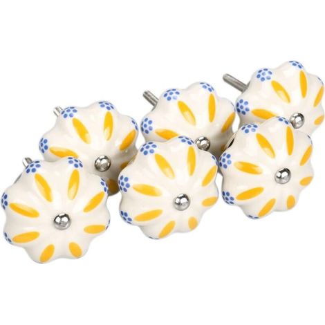 Bardusch-6 boutons céramique ronds floraux bleus et blancs peints main (1/4)