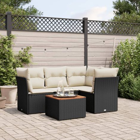 Salon de Jardin en Résine Tressée Noir - Ensemble 5 Pièces avec Coussins, Table en Acacia (1/3)