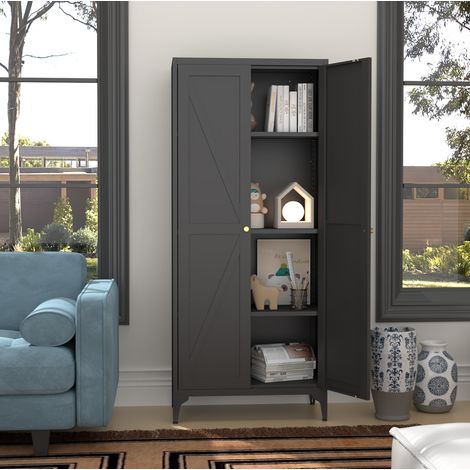 Armoire de rangement 70x35x165 cm en métal noir, avec rangement pour cuisine, moderne FLORAGRACE (1/5)