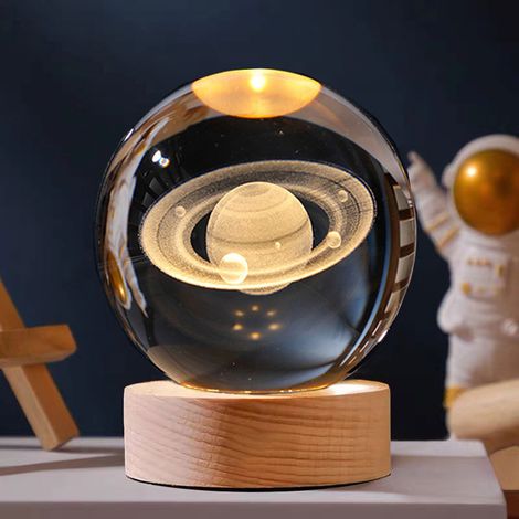 Boule En Cristal - Socle En Bois Éclairé - Boule De Nuit Avec Découpe Laser 3D - USB - Pour Décoration Intérieure - 1 Pièce (1/5)