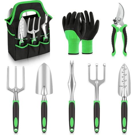 Ensemble outils jardinage 8 pièces durables avec sac et gants, cadeau jardinier - Vert