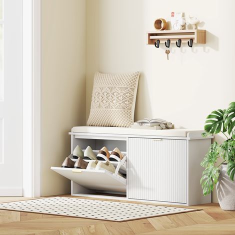 Banc à chaussures avec coussin d'assise rembourré et tiroir rabattable pour couloir. chambre. 104 x 26 x 47.5 cm. blanc