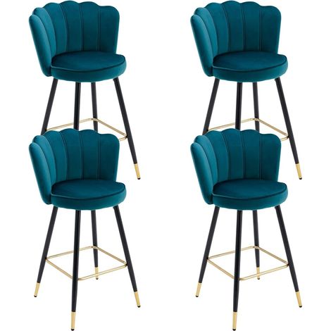 Wahson Lot de 4 Tabouret de Bar en Velours, Chaise de Bar Velours avec Pieds en Métal Tabourets Hauts pour îlot de Cuisine et Bar, Bleu Sarcelle