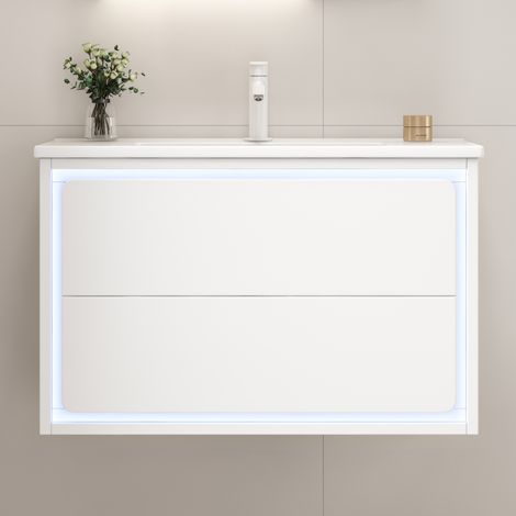 Mueble de baño suspendido de 76x46x48,5 cm con iluminación LED con sensor de movimiento, 2 cajones, cerámica MDF blanca