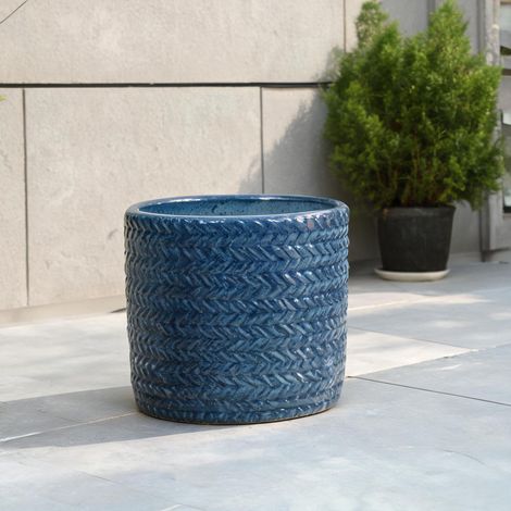 Pot de fleurs en céramique bleu classique Ø31 cm motif chevrons (1/5)
