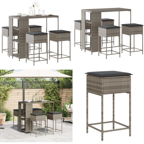 5-tlg. Gartenbar-Set mit Kissen Grau Poly Rattan - Gartensets - Gartenbar - Outdoor Möblierung - Rattan Gartenmöbel - Wetterfest - Home & Living