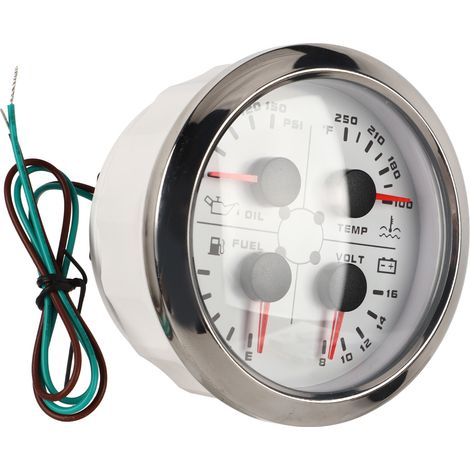 Manomètre multifonction 4 en 1 de 85 mm : niveau de carburant, pression d'huile, température d'eau, voltmètre, 9-32 V CC, pour voiture, camping-car, bateau, moto, blanc/argent, °F/PSI (1/5)