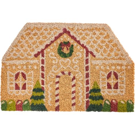 Felpudo de bienvenida de fibra de coco motivo navideño casita antideslizante 40 x 60 cm natural Selatna