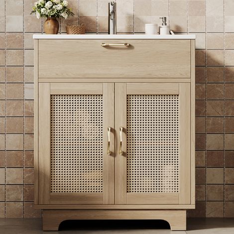Mueble de baño independiente de 76x46x88 cm con lavabo de cerámica, armario de 2 puertas, MDF natural