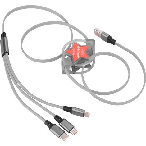 Câble de charge 3 en 1 rétractable Red Star pour iOS, connecteurs USB Type-C, argent (1/5)