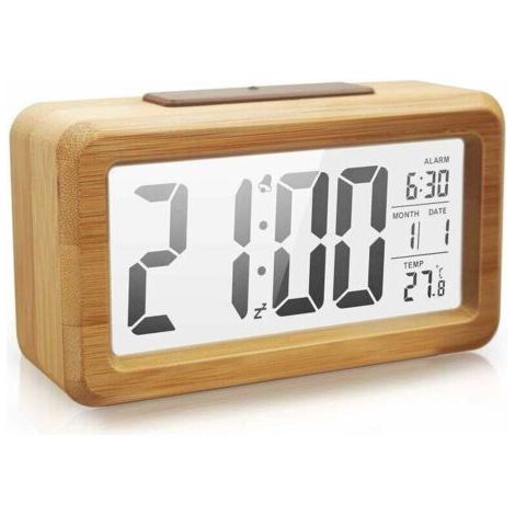 Reloj Digital de Madera, Gran Pantalla LED, Luz Nocturna Sensorial, Función de Sueño y Termómetro (1/4)
