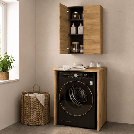 Pack buanderie chêne africain : encadrement machine à laver + meuble haut
