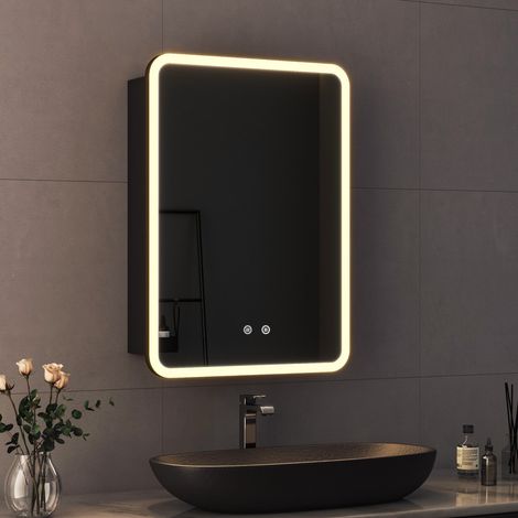 40x60 cm Spiegelschrank Bad mit Beleuchtung LED Spiegelschrank mit Beleuchtung Badspiegel Schwarz mit Beleuchtung Badschrank Hängeschränke mit 3 Einstellbare Lichtfarben Beschlagfrei