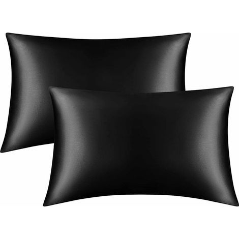 Lot de 2 Taies Oreiller Satin, Taille Standard 50 x 75 cm, Protège Les Cheveux et La Peau, Hypoallergénique et Respirant Antiacariens, Protège Oreiller Facile à Laver (Noir , 50 x 75 cm) (1/5)