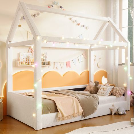 Lit enfant 90x200 cm avec LED, design maison, en lin, beige, sans matelas (1/5)