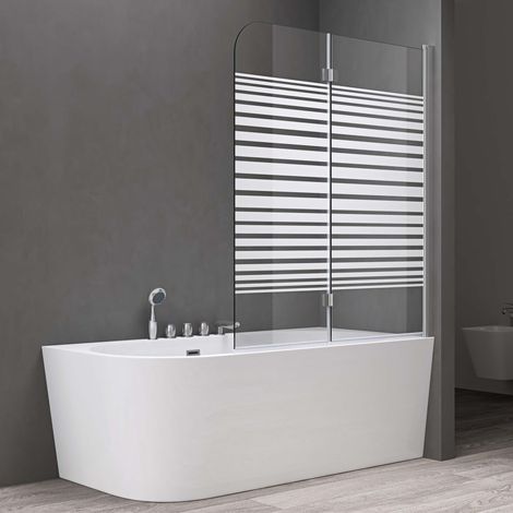 doporro Paroi de baignoire 120 x 140 cm pare baignoire 2 volets verre trempé 6mm avec bandes opaque côté droite Cortona1408S (1/5)