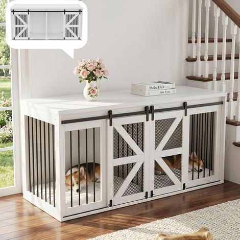 Meuble-cage Chien 2-en-1 avec Portes Grange, Structure Métal, Panneaux Bois, Séparation Fixe, Portes Coulissantes, pour 2 Chiens, Blanc, 160x60x75 cm (1/5)