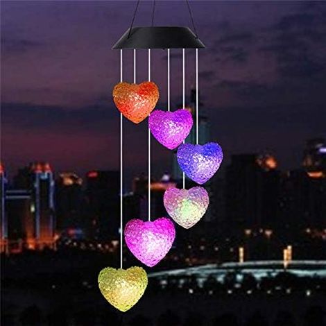 Carillon à LED solaire spirale changement de couleur pour jardin, décoration extérieure romantique terrasse avec crochet (Cœur) (1/5)