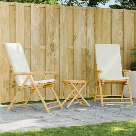 Ensemble bistro pliable 3 pièces en bambou, chaise inclinable, coussins blanc crème - PANGIVO (1/5)