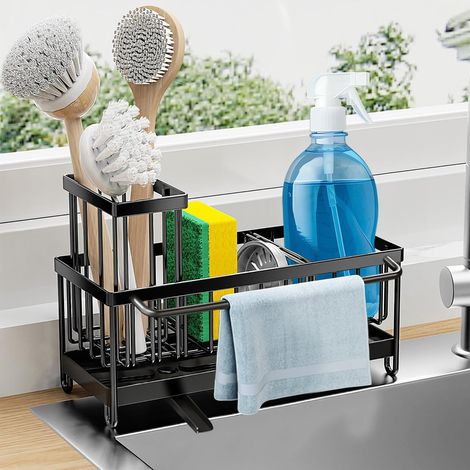 Organisateur Evier Cuisine, Noir Organiseur d'évier, Porte Eponge Evier Cuisine avec Vidange Automatique, Support Eponge Évier en Acier Inoxydable Rangement et Organisation de Cuisine (1/5)