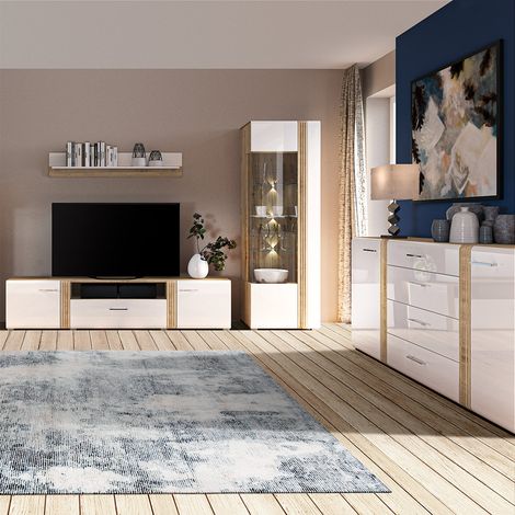 Wohnwand in Eiche Nb. AKRON-131 modern mit Fronten in Hochglanz weiß 4-teilig inkl. Sideboard (1/5)