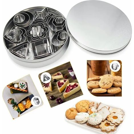 Ensemble de 24 mini emporte-pièces géométriques en acier inoxydable (carré, cœur, triangle, rond, fleur, étoile) pour découper pâtisseries, pâtes, fonds de tarte, fruits, fondant et argile. (1/5)