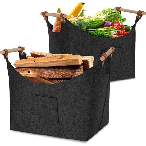 Randaco 2er-Set Filzkorb mit Holzgriffen für Kaminholz, faltbar, ca. 57 L, 45 x 40 x 32 cm, 5 mm, Dunkelgrau (1/5)