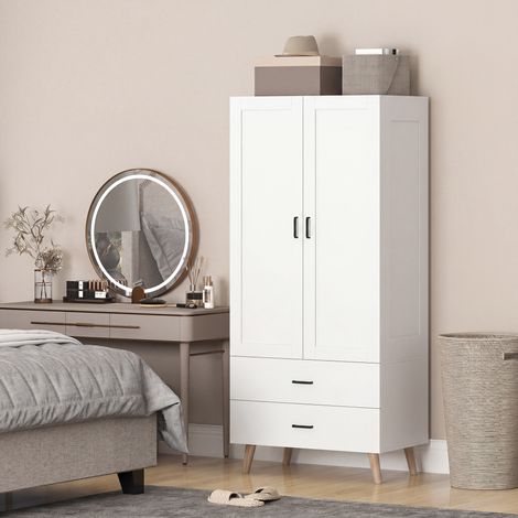 Armoire chambre penderie 2 portes à fermeture douce, 2 tiroirs et barre de suspension, 80x54x180cm, blanc (1/5)