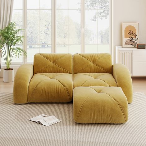 Canapé modulaire 2 places jaune avec tabouret mousse 32D tissu chenille. Résistant aux animaux design doux pour salon