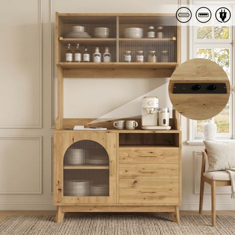 Credenza, mobile alto da sala da pranzo 100,540178 cm, spazio di archiviazione su più livelli, presa di corrente integrata e porte USB-C e USB-A, colore legno. (1/5)