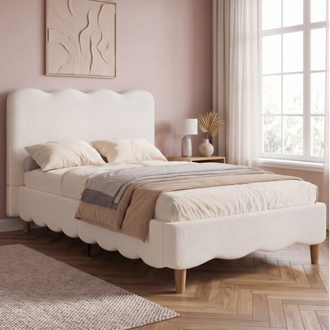 Cama infantil 215x108x96 cm, con somier y estructura encastrada, patas de madera maciza, bouclé blanco (1/5)