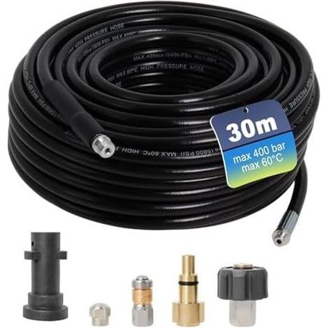 30 m Hochdruck-Reinigungsschlauch, 400 bar, kompatibel mit Kärcher K2, K3, K4, K5, K6, K7, Parkside, Lavor und Bosch Abflussreinigern, inklusive 2 Düsen und 3 Adaptern, Abflussreiniger. (1/4)