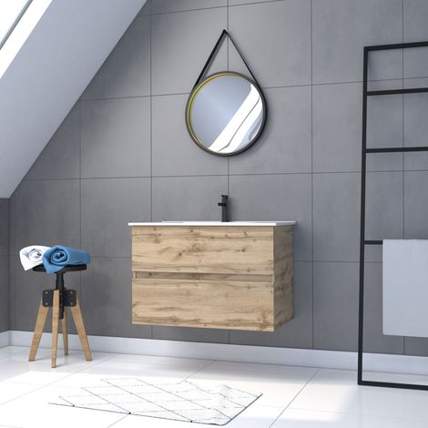 Mueble de baño 80cm Suspendido Acabado Roble - Lavabo Blanco+ Espejo Barbero - TIMBER 80 - Pack38