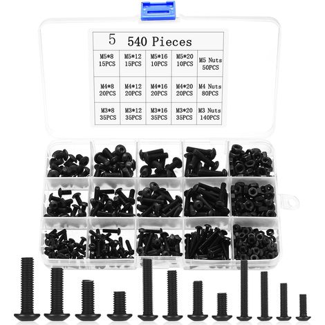 540 Pièces M3 M4 M5 Ensemble de Vis, Vis à Tête Ronde à Six Pans Creux, Écrous, Ensemble de Vis Noires pour Machines, Assortiment de Vis et Écrous pour Auto, Meuble, Vélo, Ensembles de Vis Filetées (1/5)