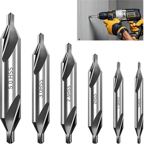 6 Pièces Forets à Centrer HSS, Kit Forets de centrage 60° Métal, Jeu de 1/1.5/2/2.5/3/5 mm Foret Fraisage à Chanfrein Double Tête pour Métal Acier Inox Cuivre Aluminium Outils Perçage de Précision (1/5)