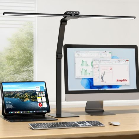 24W Lampe de Bureau LED avec Métal Base: 80cm Double Tête, Grande Lampe Bureau design, réglage intensité, lumiere bureau protection des yeux pour ecran pc, dessin, deux bureaux, puzzle-Noir