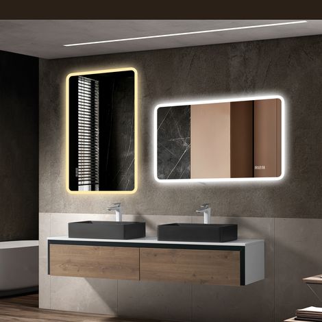 60×120cm LED Badezimmerspiegel mit Milchglasrand, Frontbeleuchtung, Anti-Beschlag, 3 Lichtfarben, Stufenlos Dimmbar, Memory-Funktion, Horizontal & Vertikal Montierbar, IP44 Wasserdicht (1/5)