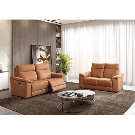 STANLEY - Canapé Relax Electrique 3 Places + Canapé 2 Places Fixe Tissu Cognac (1/5)