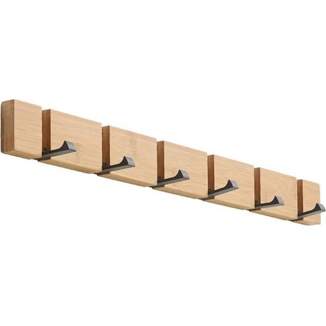 Appendiabiti autoadesivo in legno massello con 6 ganci pieghevoli per appendere cappotti, cappelli, sciarpe, borse e chiavi. (1/3)
