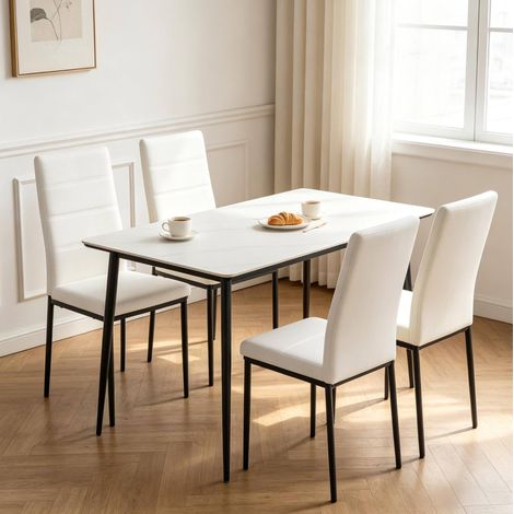 Silla de comedor de polipiel blanca con patas de metal, respaldo alto ergonómico, juego de 4 (1/5)