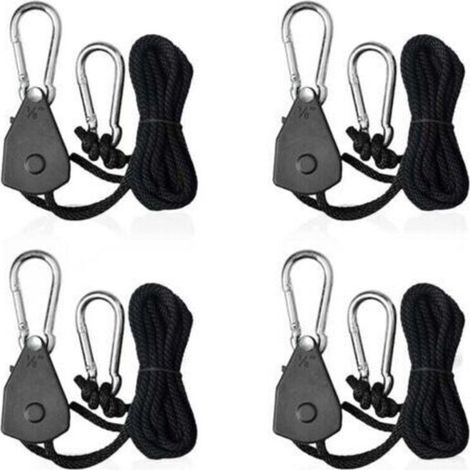 SNQ – Adjustable ratchet ropes 1/8 – Set of 4 – Max load 34kg – Braided polypropylene rope 2.4m – Stainless steel hooks (1/5)