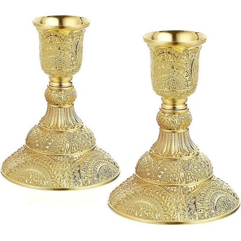 Lot de 2 bougeoirs en laiton, candélabres, bougeoirs piliers en métal vintage, bougeoirs de 4 heures, bougeoirs élégants, dorés (1/5)