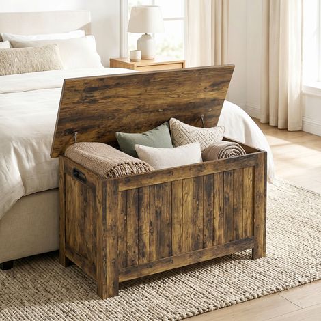 Coffre de rangement avec couvercle à charnières, coffre à jouets avec charnières de sécurité, marron rustique (1/5)